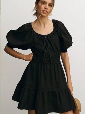 Anthropologie Black Puff-Sleeve Smocked Mini Dress